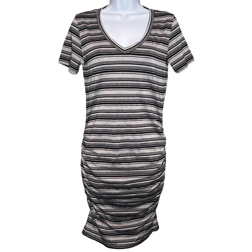 Michael Stars Womens Gray Black Stripe Dress Sz M Ruched Side Bodycon Party Sexy